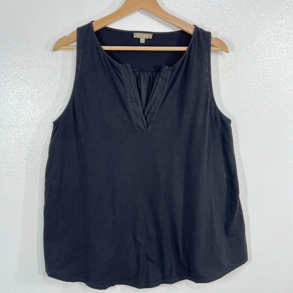 Lilla P Pleat Back Split Neck Tank Top Black Mixed Media Woven Knit Sleeveless M - Picture 2 of 8